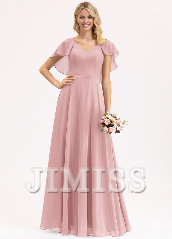 Vestido de dama de honor de gasa con escote en V, volantes escalonados y largo hasta el suelo