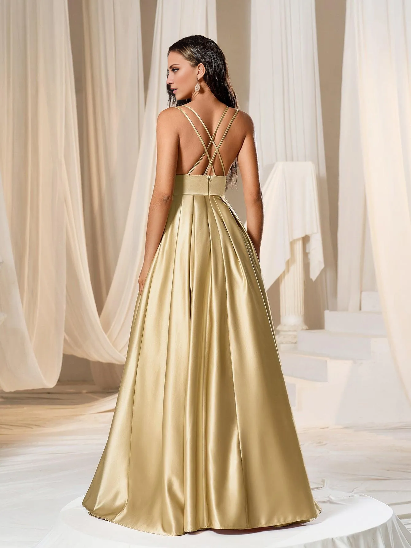 Deep V-neck satin thin shoulder strap and floor length formal dress