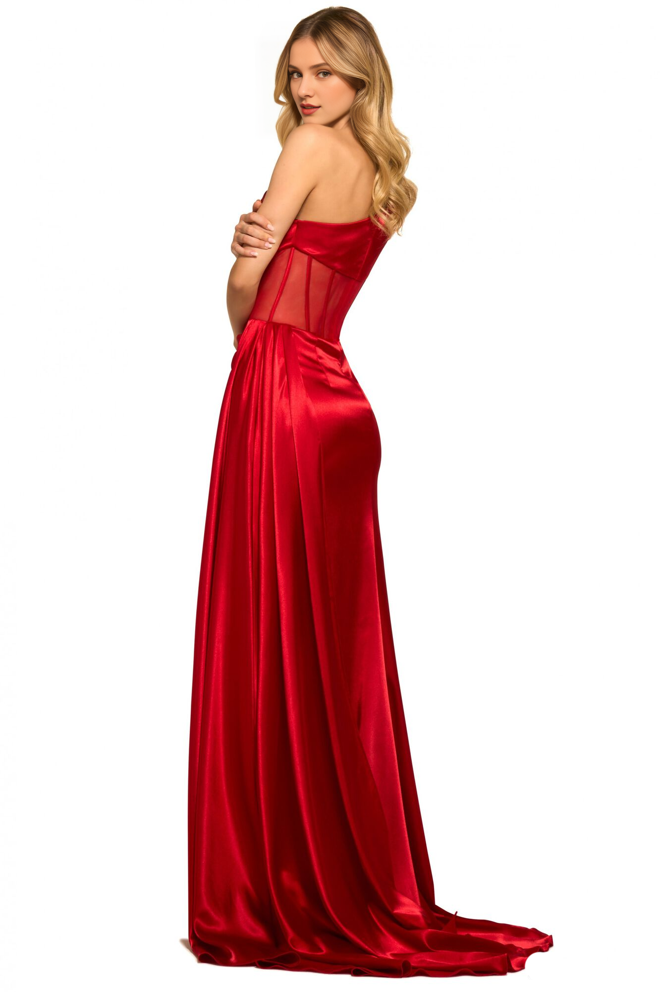 One shoulder plain knitted transparent tight corset with side slits and floor length Prom dress