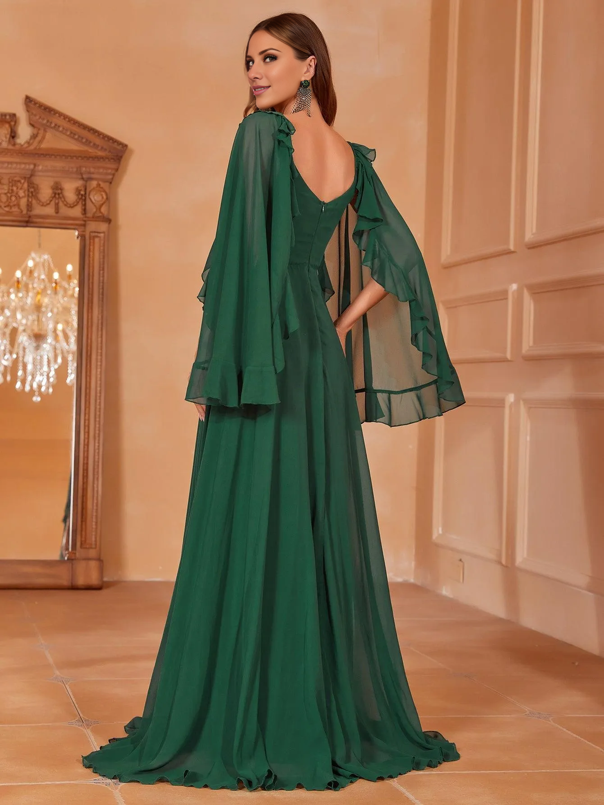 Forest Green Chiffon V-Neck A-Line Gown with Ruffled Bell Sleeves