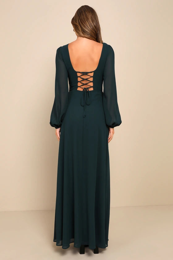 Jimiss V-neck long sleeved backless side slit and floor length evening dress