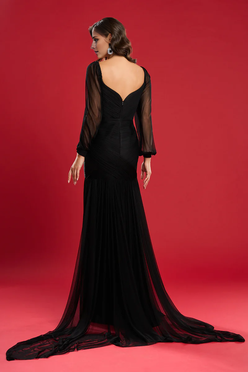 Silk lined chiffon tight corset slit evening gown
