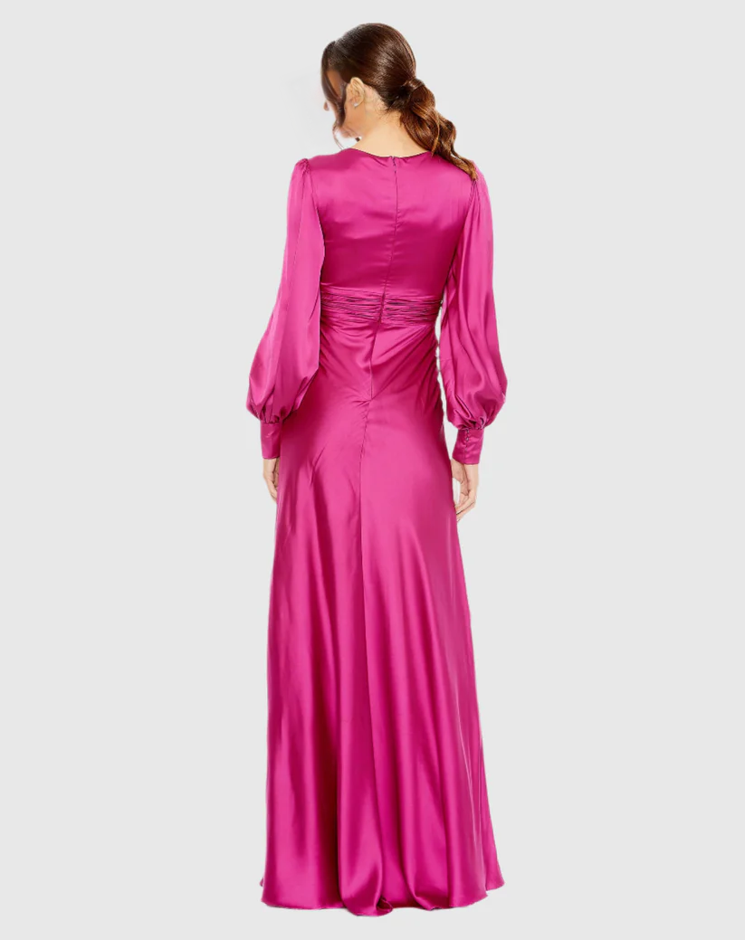 Vestido de noche largo hasta el suelo de satén con cuello en V y manga larga