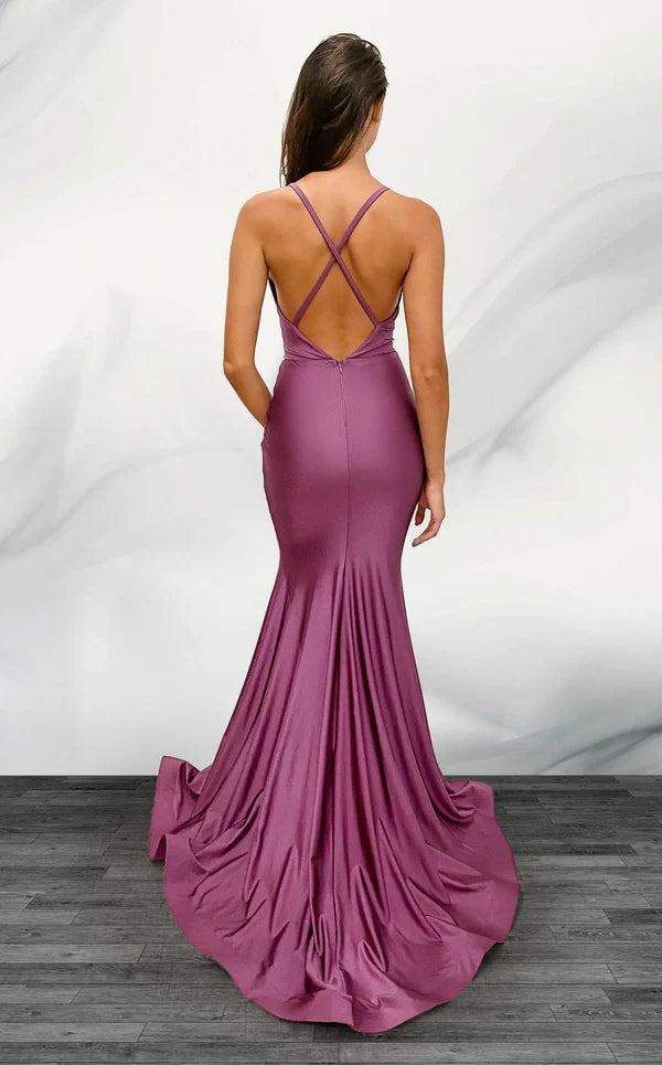 Mermaid V-neck slim shoulder strap sleeveless backless slit and floor length Prom dress