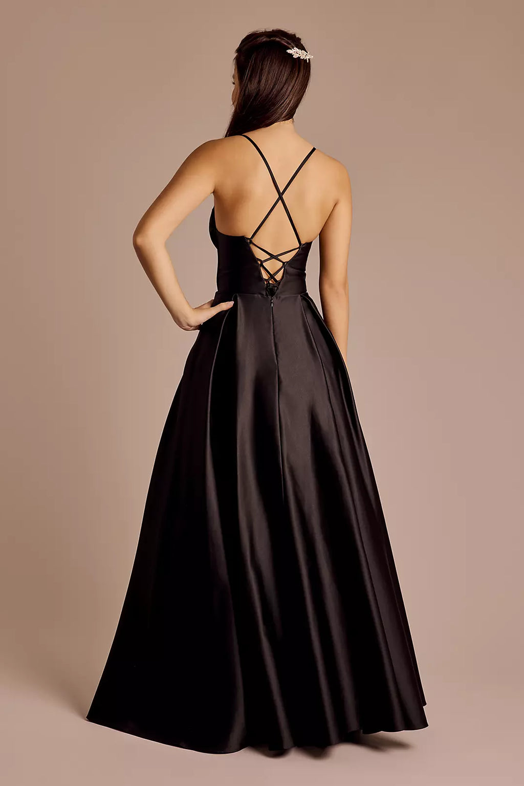 Black Satin A-Line Floor-Length Evening Dress with Draped Cowl Neck and Pockets