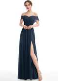 Dark Navy Chiffon A-Line Bridesmaid Dress | Sweetheart Neckline & Off-the-Shoulder Sleeves