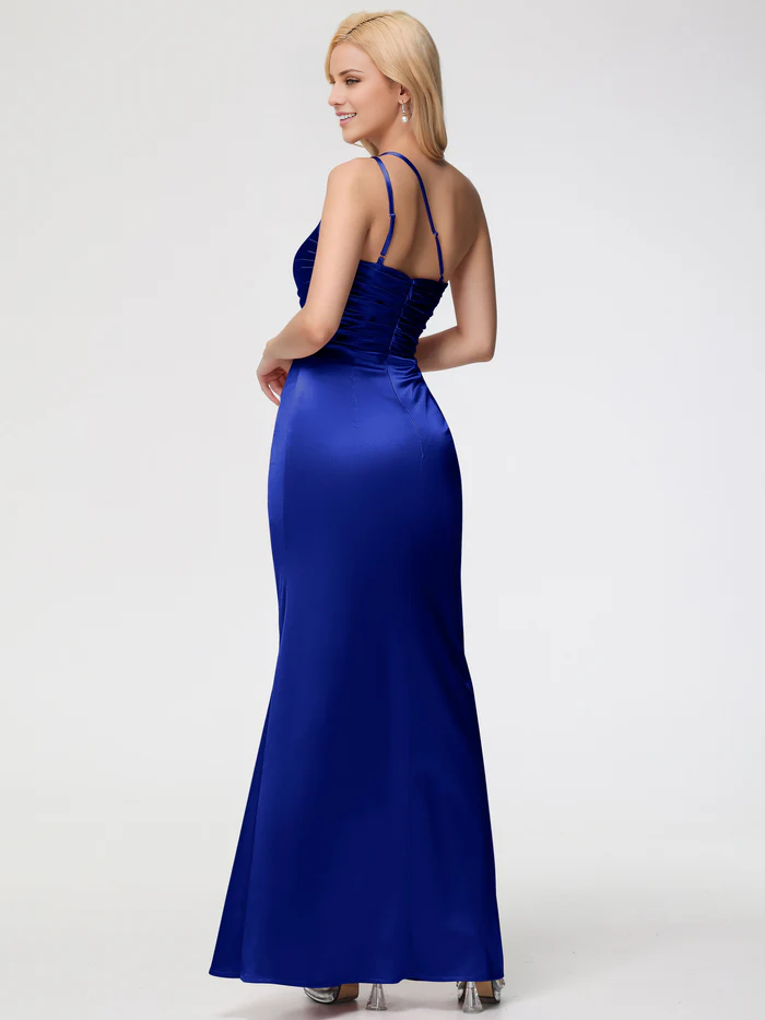 Vestido de fiesta largo plisado sin mangas con hombros descubiertos y corte trompeta/sirena de satén de Jimiss