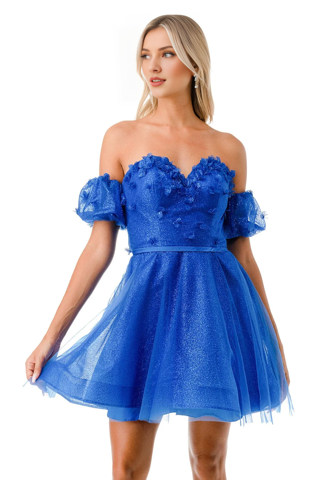 Off shoulder neck 3D floral decal sleeveless strapless short/mini homecoming dress