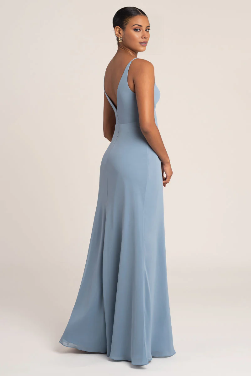 Vestido de fiesta Jimiss con escote en V profundo, hombros descubiertos, sin mangas, espalda descubierta y largo hasta el suelo