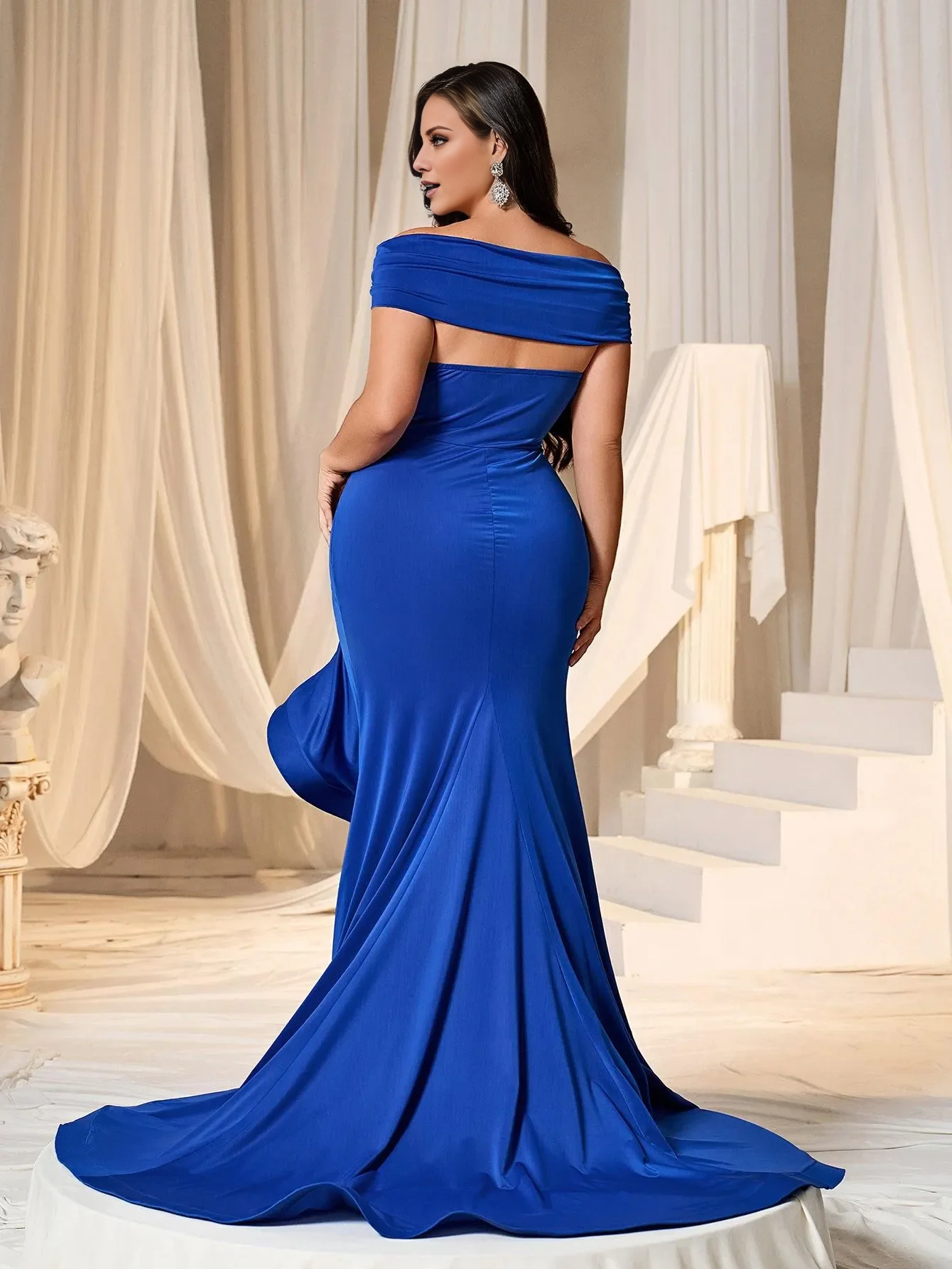 Plus off shoulder high low hem and floor length formal dress