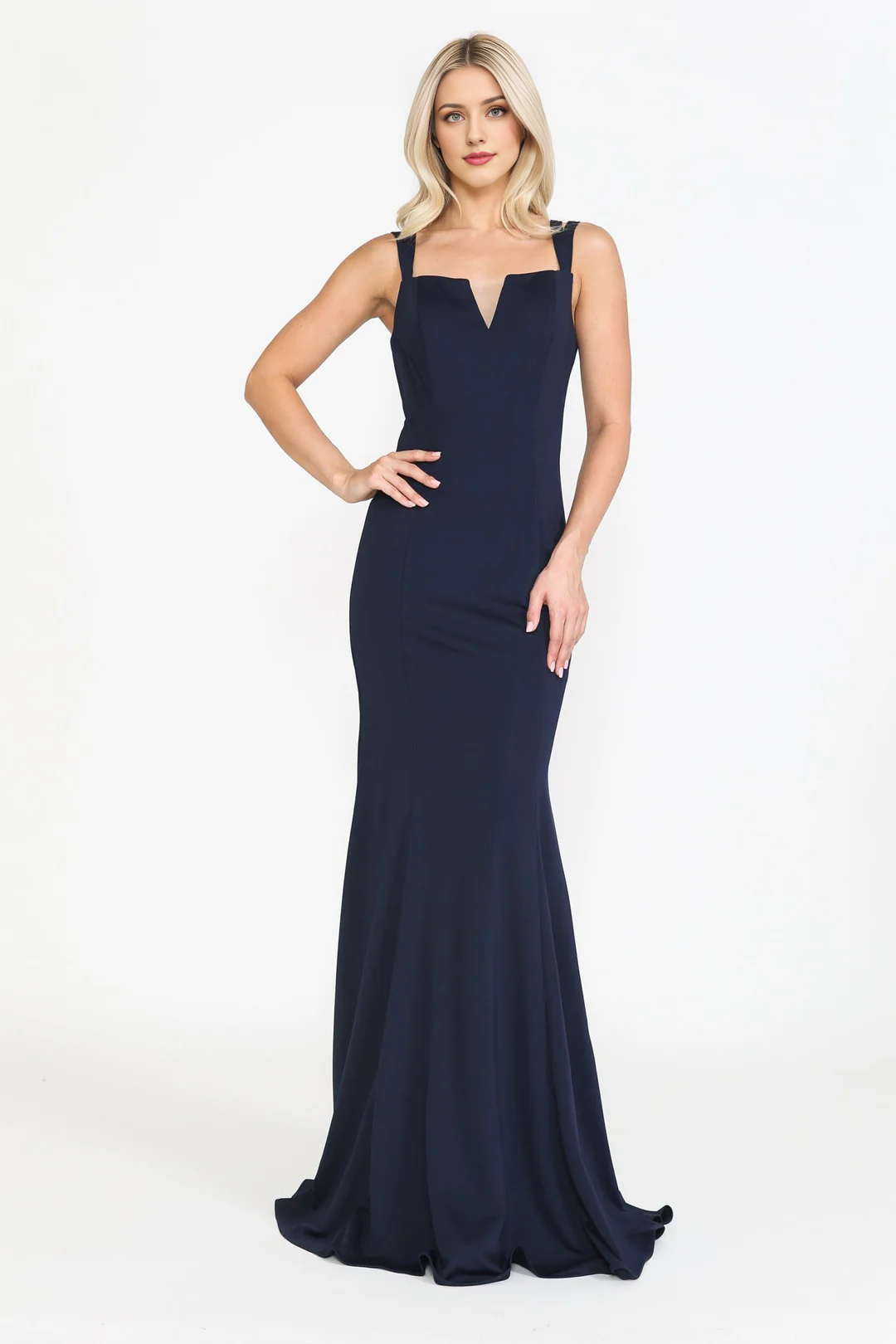 Vestido largo de punto liso con escote en V y falda ajustada