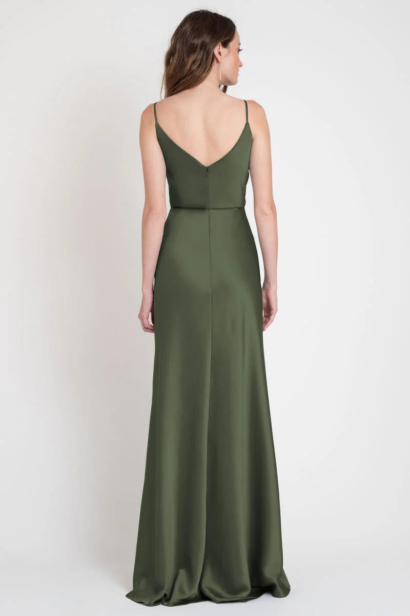 Olive Green Satin A-Line Floor-Length Dress with Cowl Neck & Back Zip