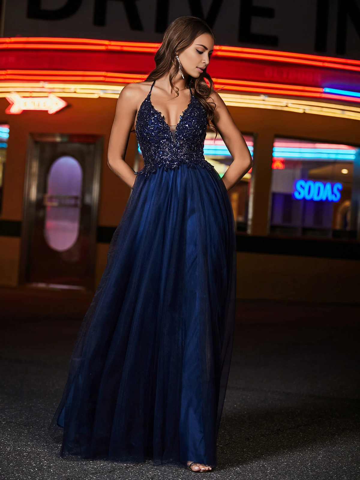 Dark Navy Sequin Tulle A-Line Floor-Length V-Neck Backless Evening Gown