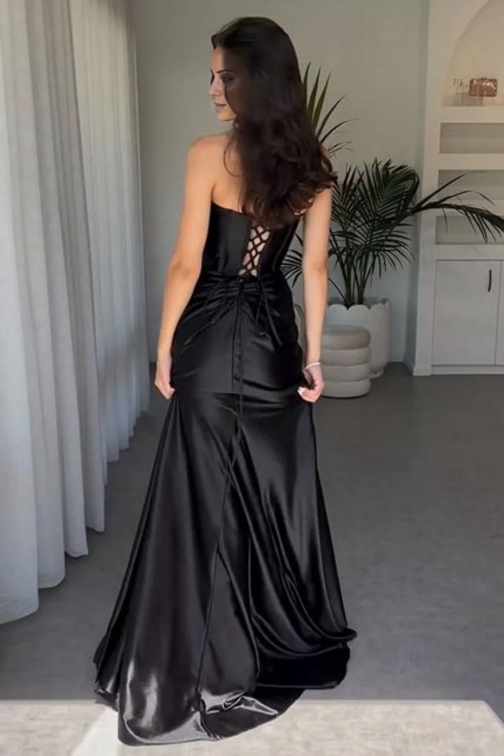 Black Satin Sweetheart Sheath/column Floor-Length Gown with Boned Bodice & High Slit