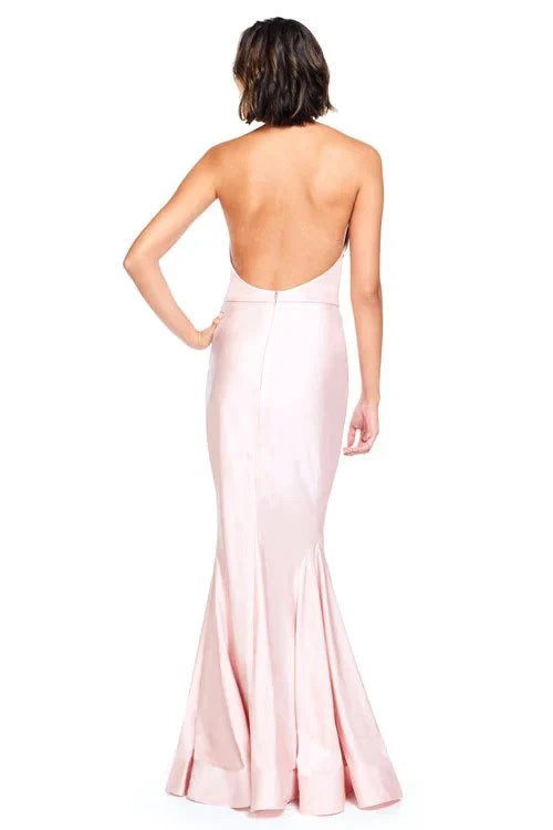 Vestido de noche Jimiss con escote halter, hombros descubiertos, sin mangas, espalda descubierta y largo hasta el suelo