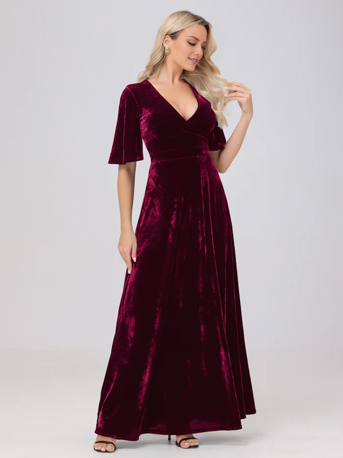 Abito da damigella d'onore in velluto con scollo a V, maniche corte e spacco, lunghezza al pavimento
