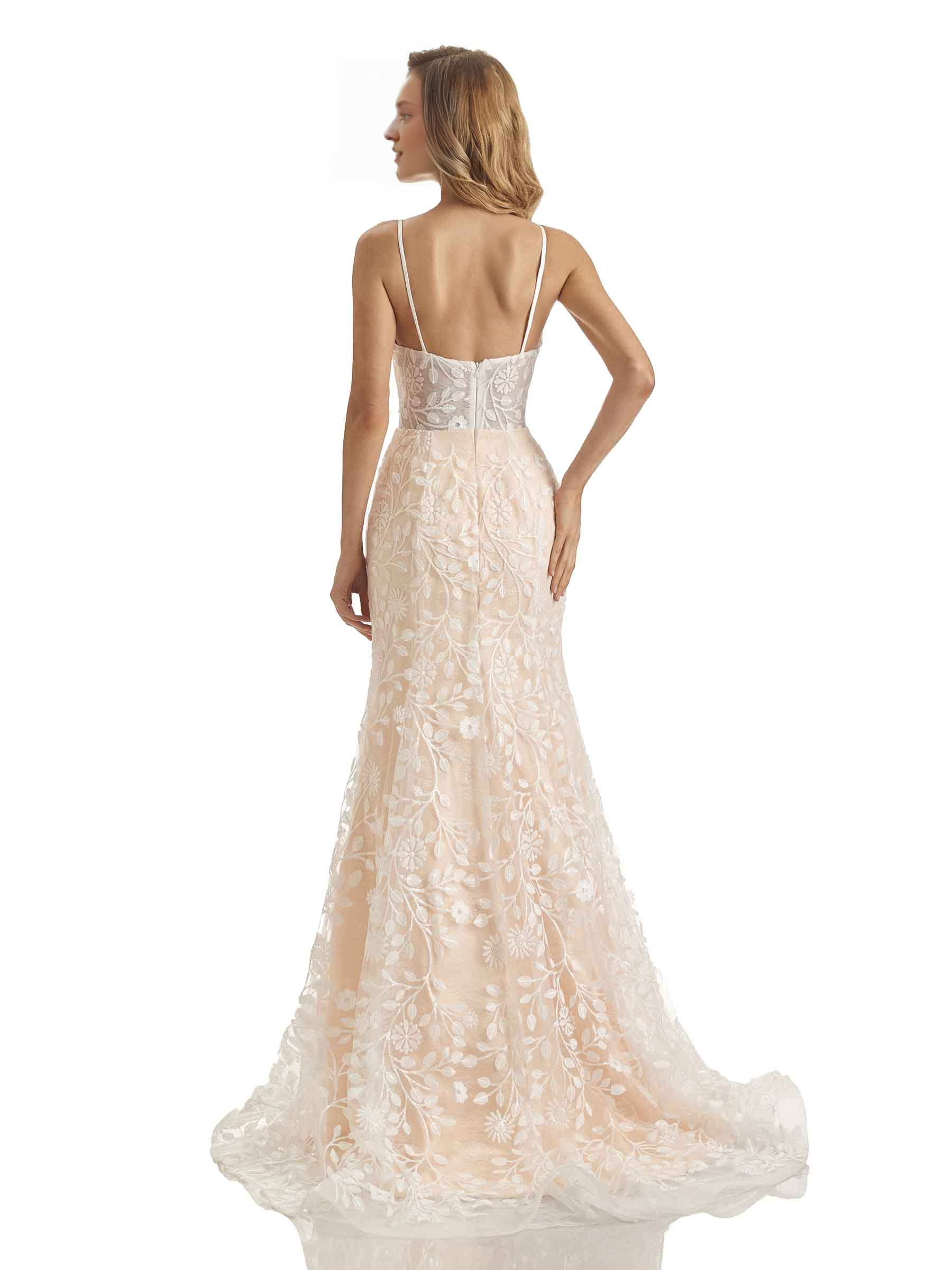 Vestido de novia largo con escote en V y tirantes finos con calcomanía de cola de pez de encaje