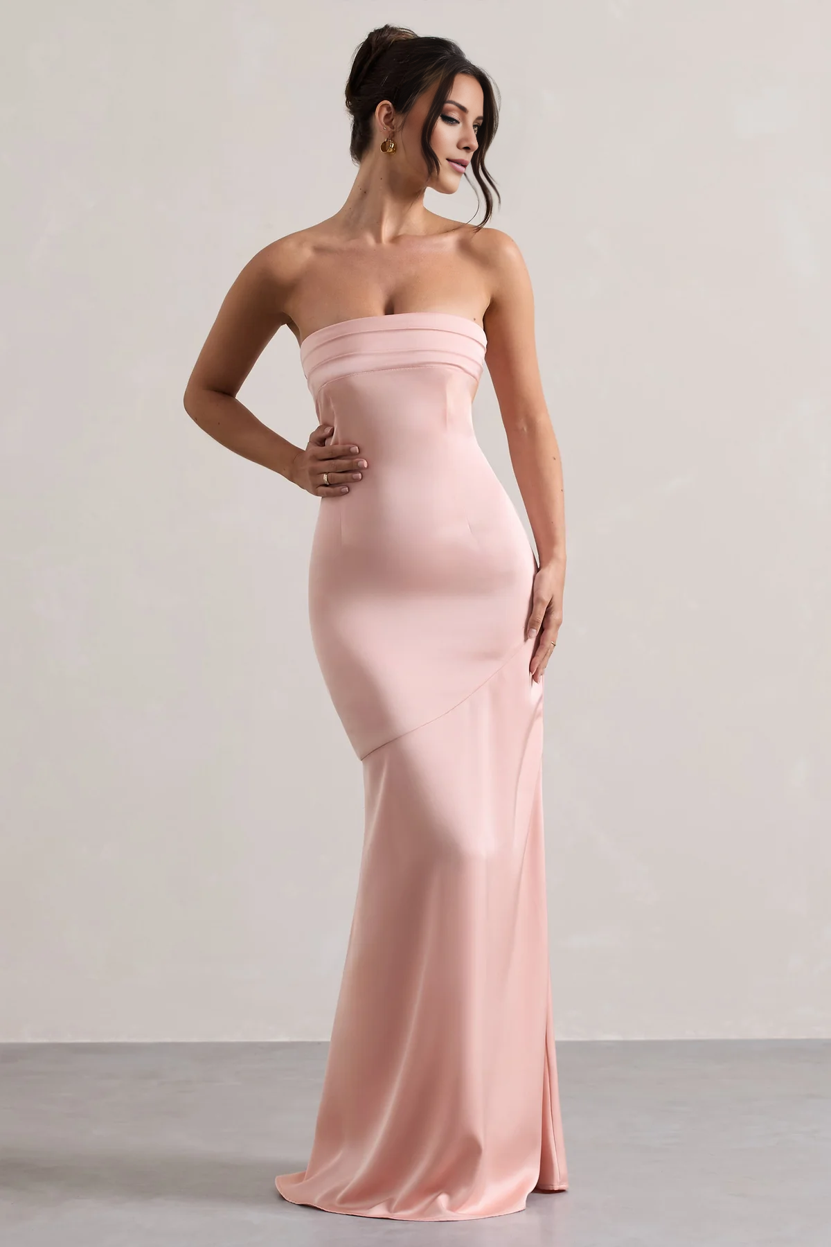 Blushing Pink Pleated Bodice Satin Sheath/column Floor-Length Evening Dress