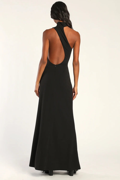Black Crepe One Shoulder Floor-Length Gown with Choker Neckline & High Slit