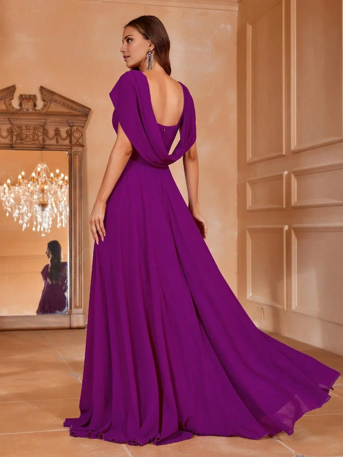 Plum Chiffon A-Line Floor-Length Bridesmaid Dress with Cape-like Sleeves