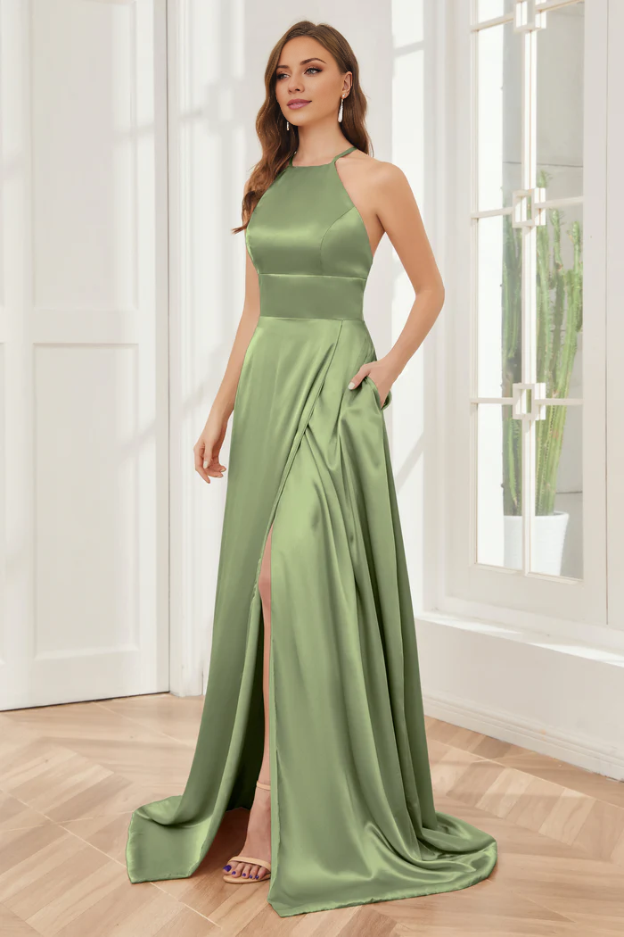 Sage Green Satin Halter neckline A-Line Floor-Length Bridesmaid Dress