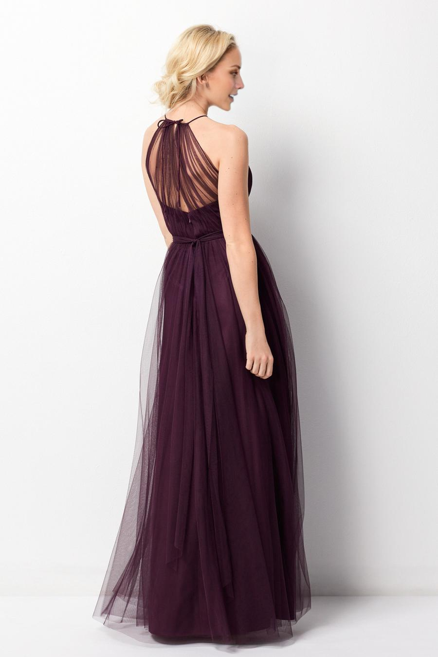 Burgundy Tulle A-Line Floor-Length Bridesmaid Dress with Halter Neckline
