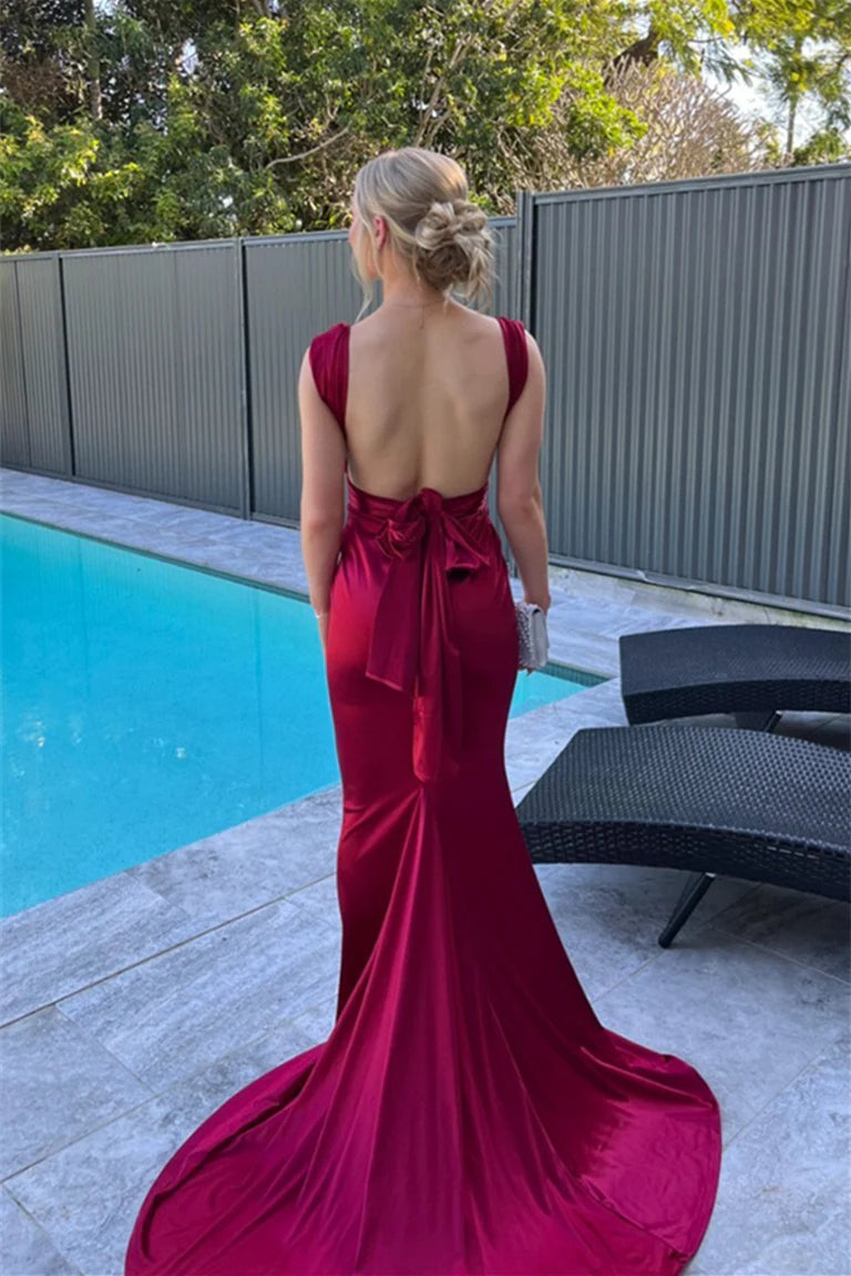 Jimiss Knot Strap Wine Red Back Bow Long Dress