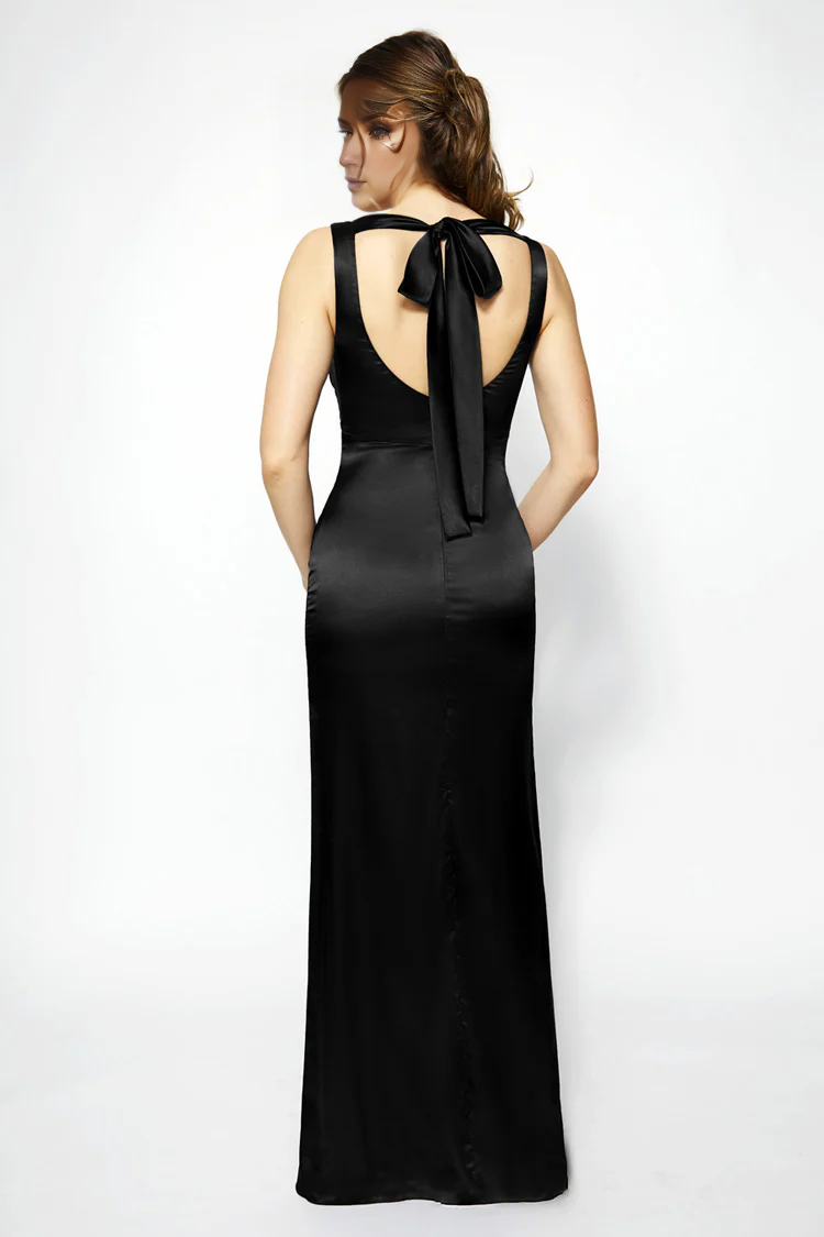 Vestido de fiesta Jimiss con escote en V, hombros descubiertos, sin mangas, con tirantes en la espalda y largo hasta el suelo