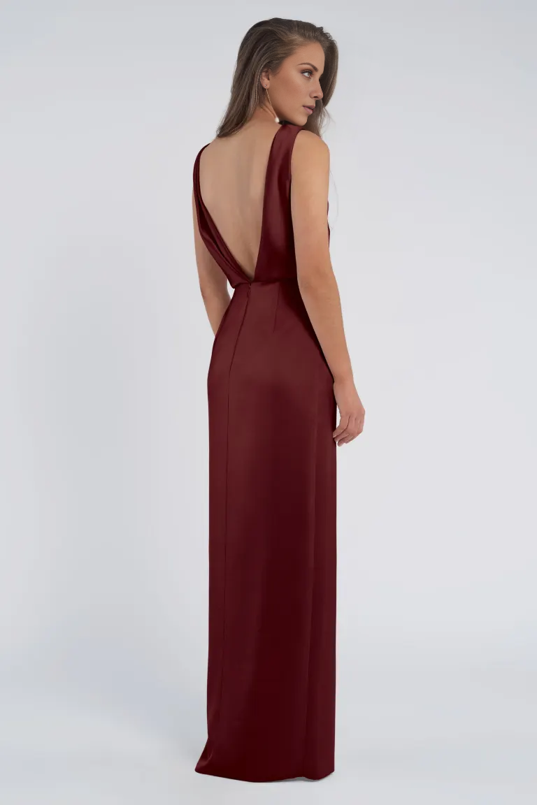 Vestido de noche Jimiss con escote barco, hombros descubiertos, sin mangas, espalda descubierta, abertura lateral y largo hasta el suelo