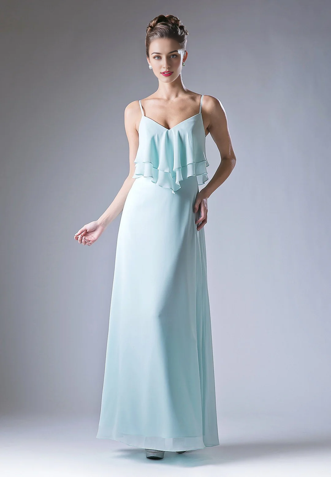Red Chiffon A-Line V-Neck Floor-Length Bridesmaid Dress with Tiered Ruffles