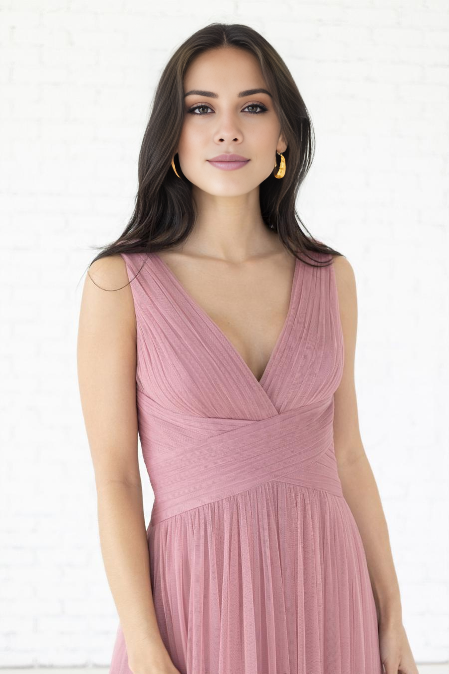 Dusty Rose Tulle A-Line Floor-Length V-Neck Dress with Ruched Bodice