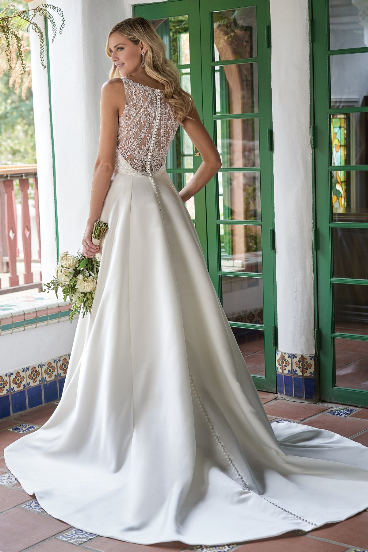 Ivory Satin A-Line Floor-Length Wedding Dress with V-Neck and Pockets