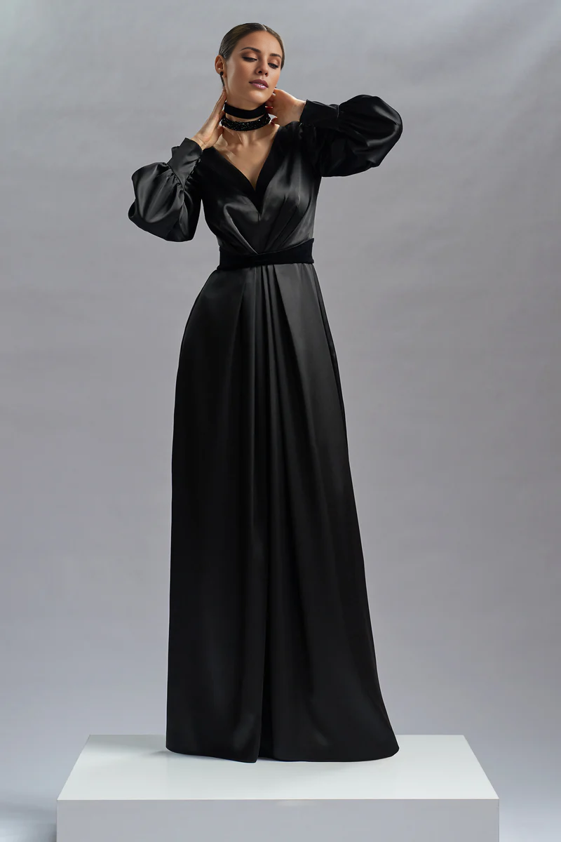 Vestido de noche largo hasta el suelo, de satén, con escote en V profundo y mangas largas