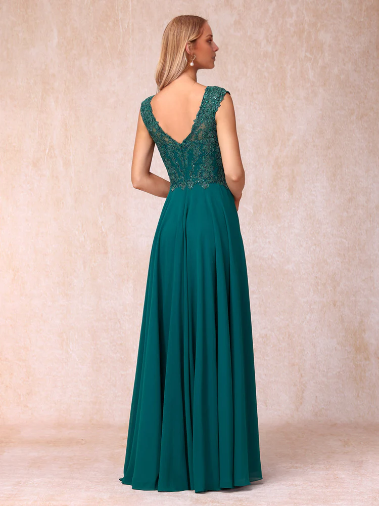 Teal Embroidered Illusion Bodice A-Line Floor-Length Bridesmaid Dress