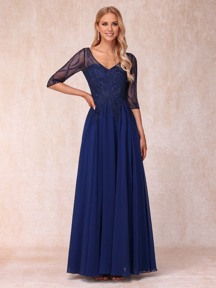 Navy Blue Beaded V-Neck Chiffon A-Line Floor-Length Evening Dress