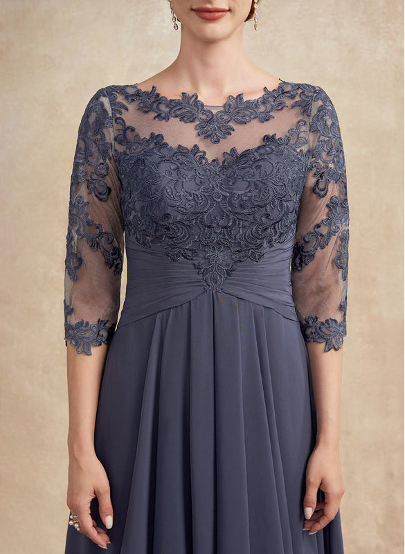 Slate Blue Chiffon A-Line Asymmetrical Evening Dress with Lace Bodice and Boat Neck