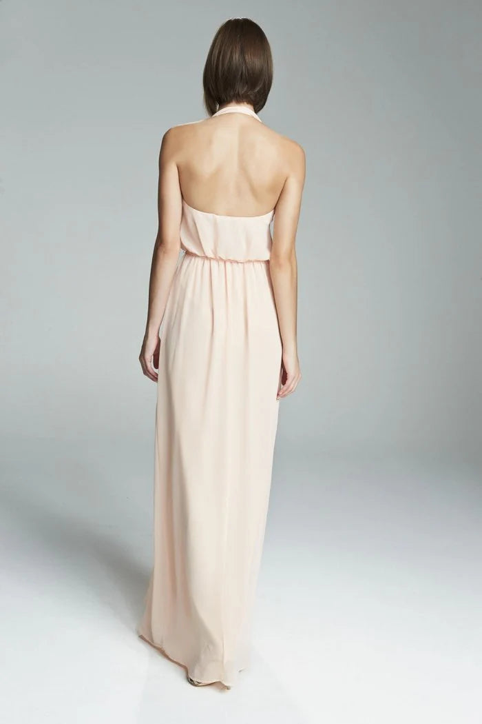 Vestido de noche Jimiss con escote en V, hombros descubiertos, sin mangas, espalda descubierta y largo hasta el suelo