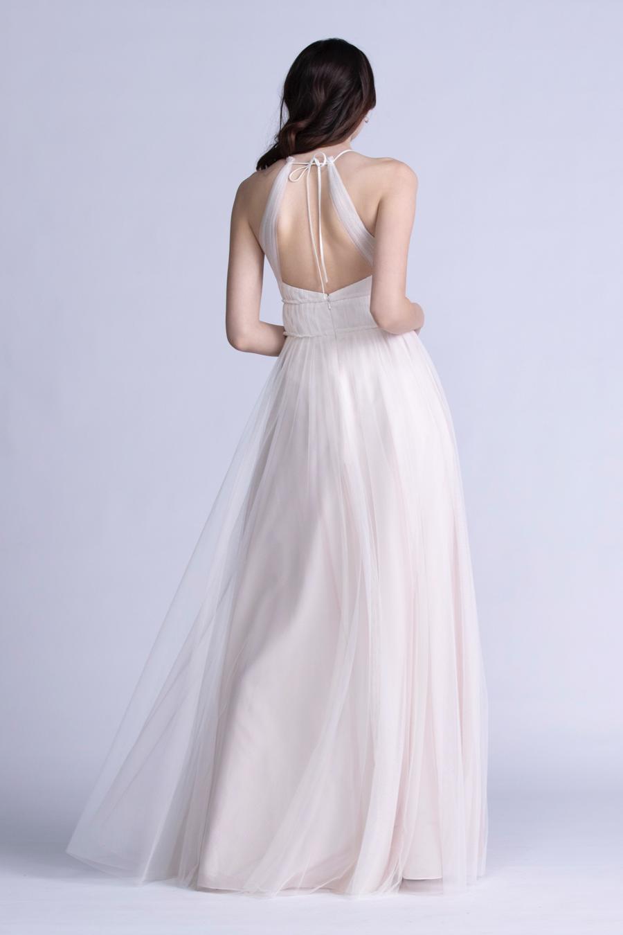 Vestido de noche Jimiss con cuello colgante, plisado transparente, sin espalda y largo hasta el suelo