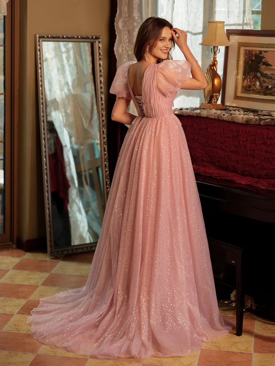 Pink Glitter Tulle A-Line Floor-Length Bridesmaid Dress with Puff Sleeves