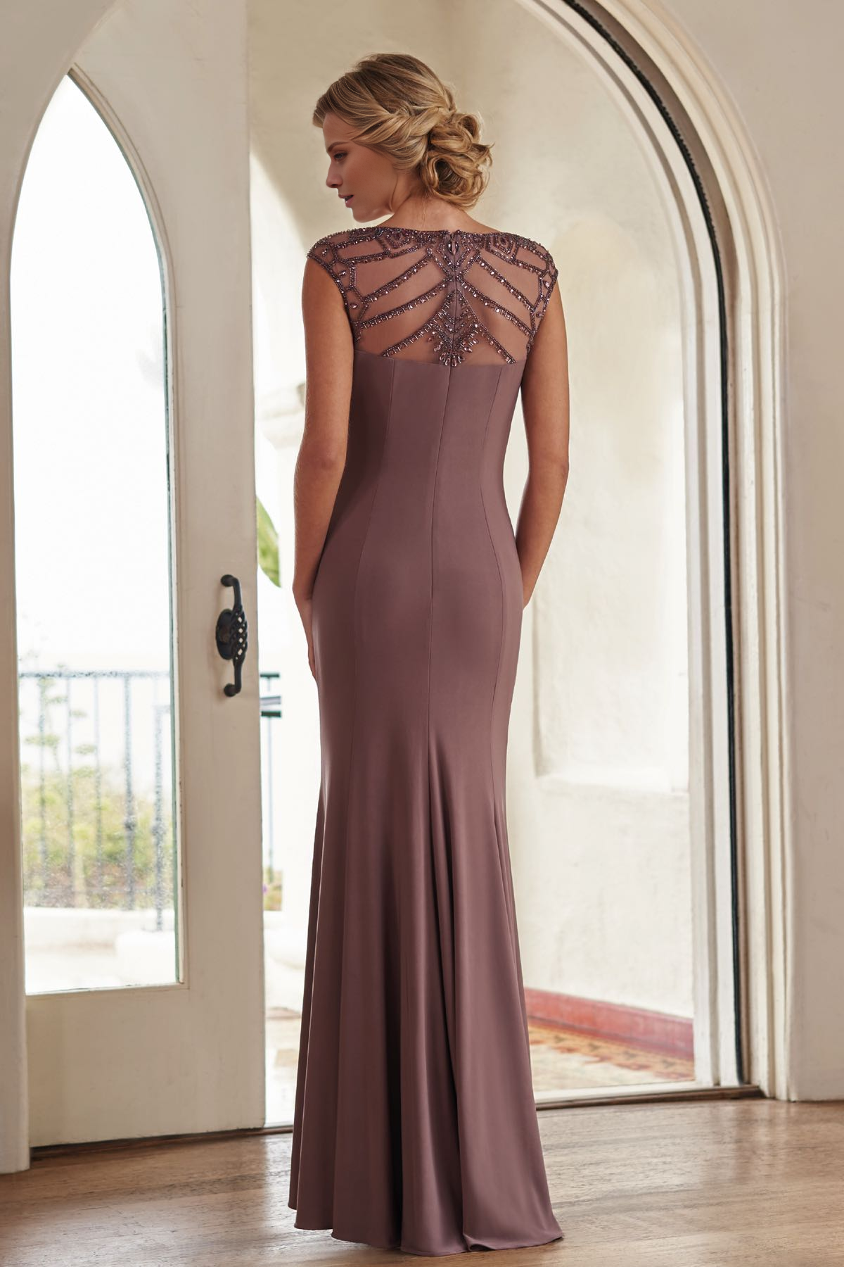 Mauve Crepe Sheath/Column Floor-Length Dress with Beaded Illusion Neckline