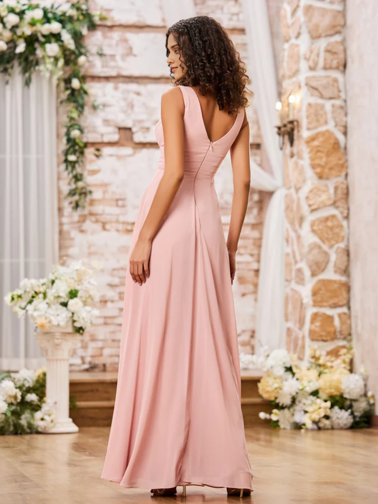 Blushing Pink Chiffon V-Neck Floor-Length Jumpsuits with Overlay Skirt