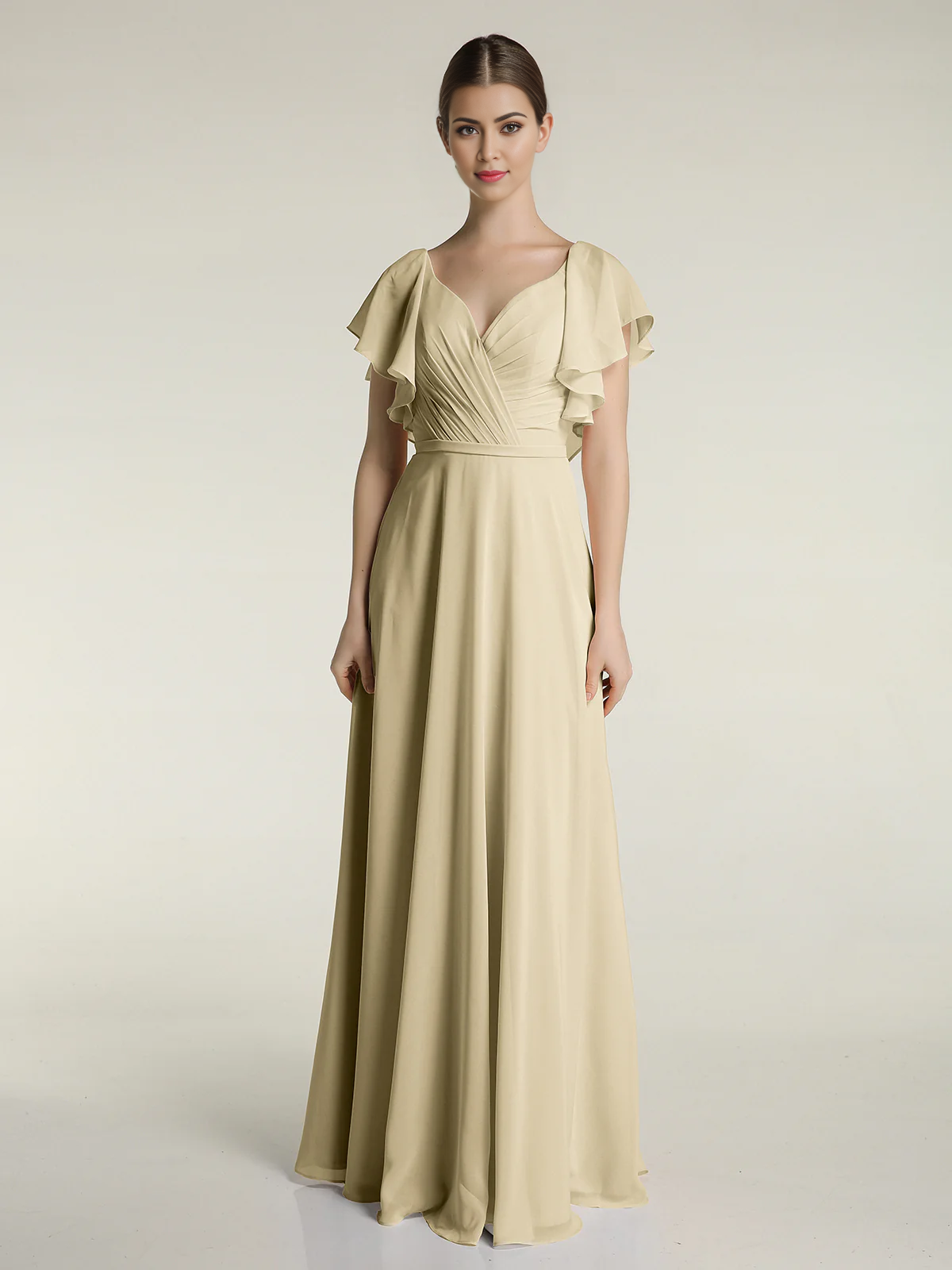 Vestido con cuello en V, capucha, mangas y borde con volantes