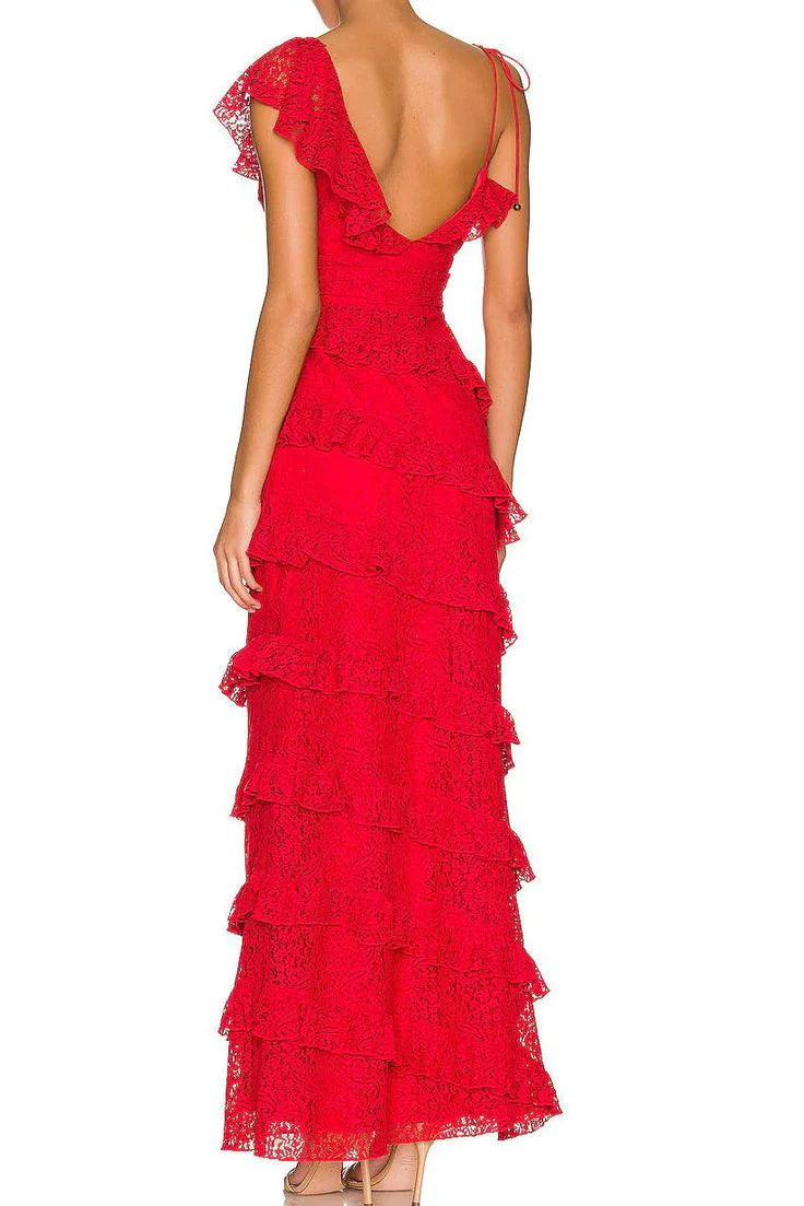 Red Chiffon A-Line V-Neck Bridesmaid Dress with Tiered Ruffle Skirt