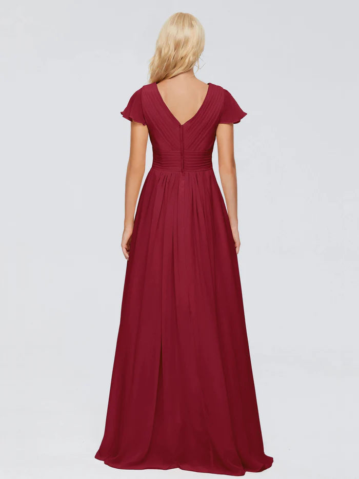 Burgundy Chiffon A-Line Floor-Length Bridesmaid Dress with Ruched V-Neck & Flutter Sleeves