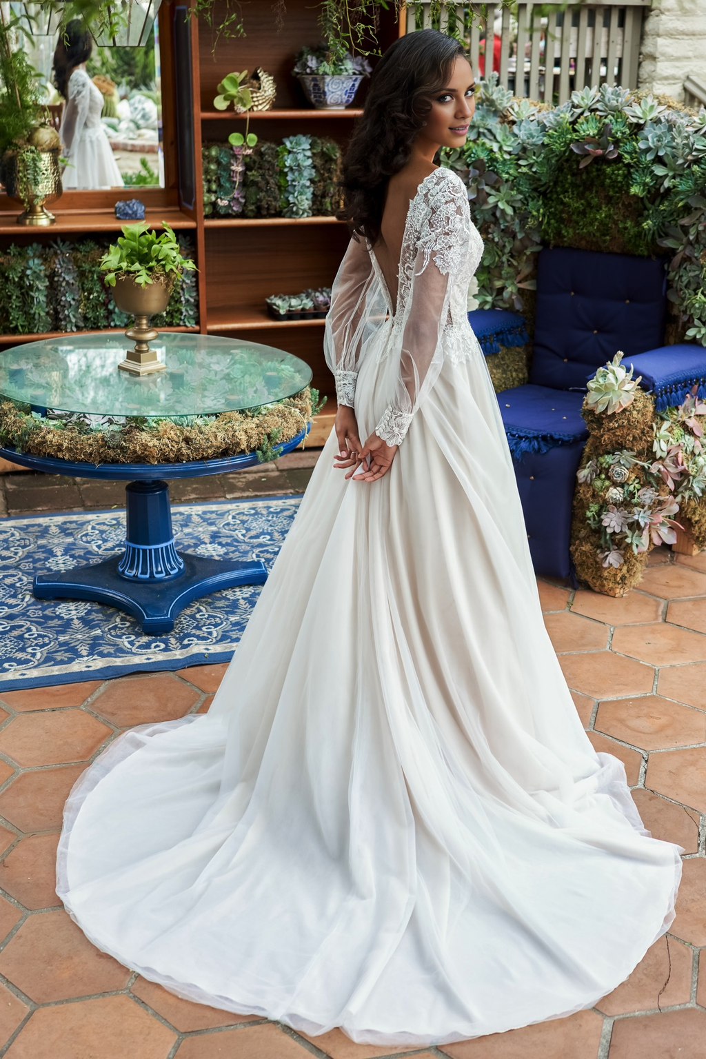 Ivory Lace A-Line Floor-Length Evening Dress with Illusion V-Neck & Puff Sleeves
