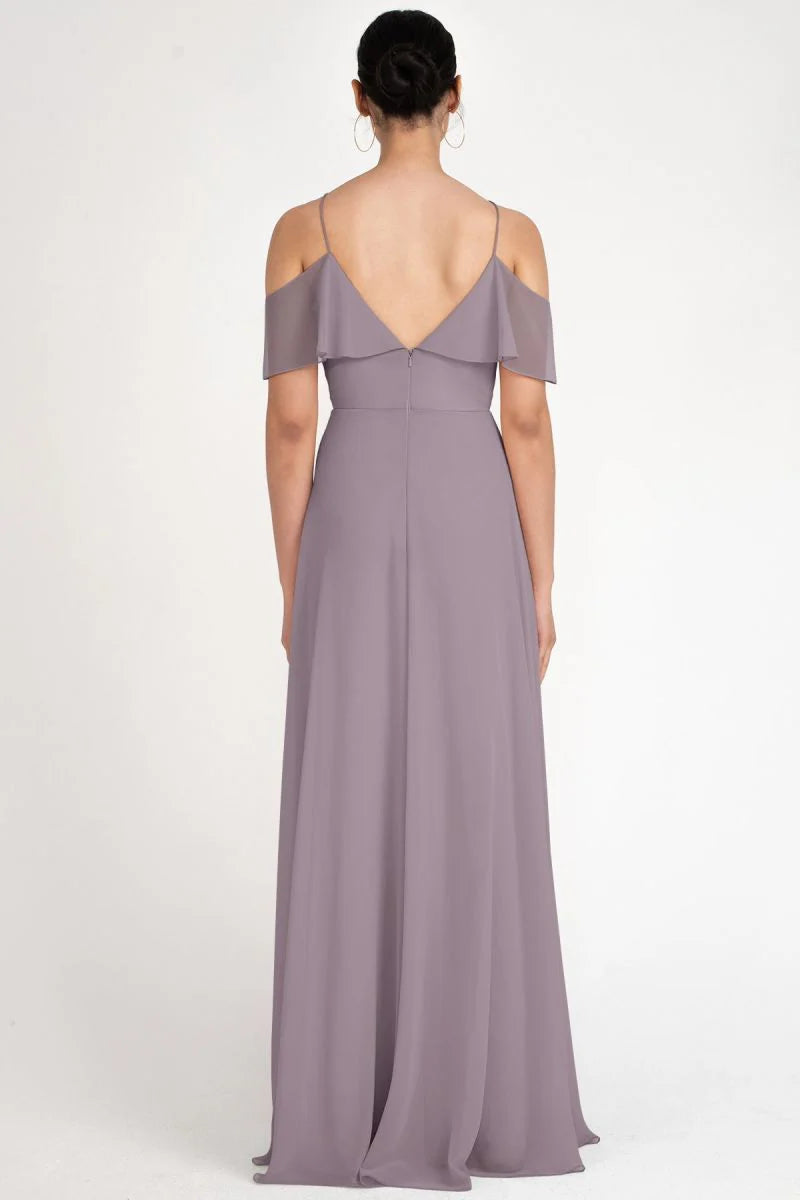 Lavender A-Line Floor-Length Bridesmaid Dress with Cold-Shoulder Ruffles & V-Neck