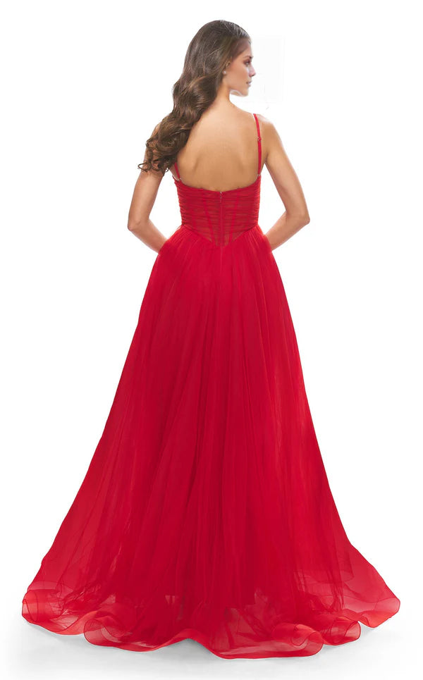 Red Chiffon A-Line Floor-Length Evening Dress with Plunging V-Neck