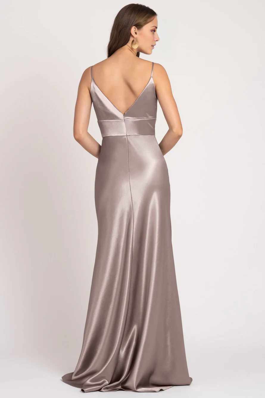 Grey Satin A-Line Floor-Length Bridesmaid Dress with V-Neck and Spaghetti Straps