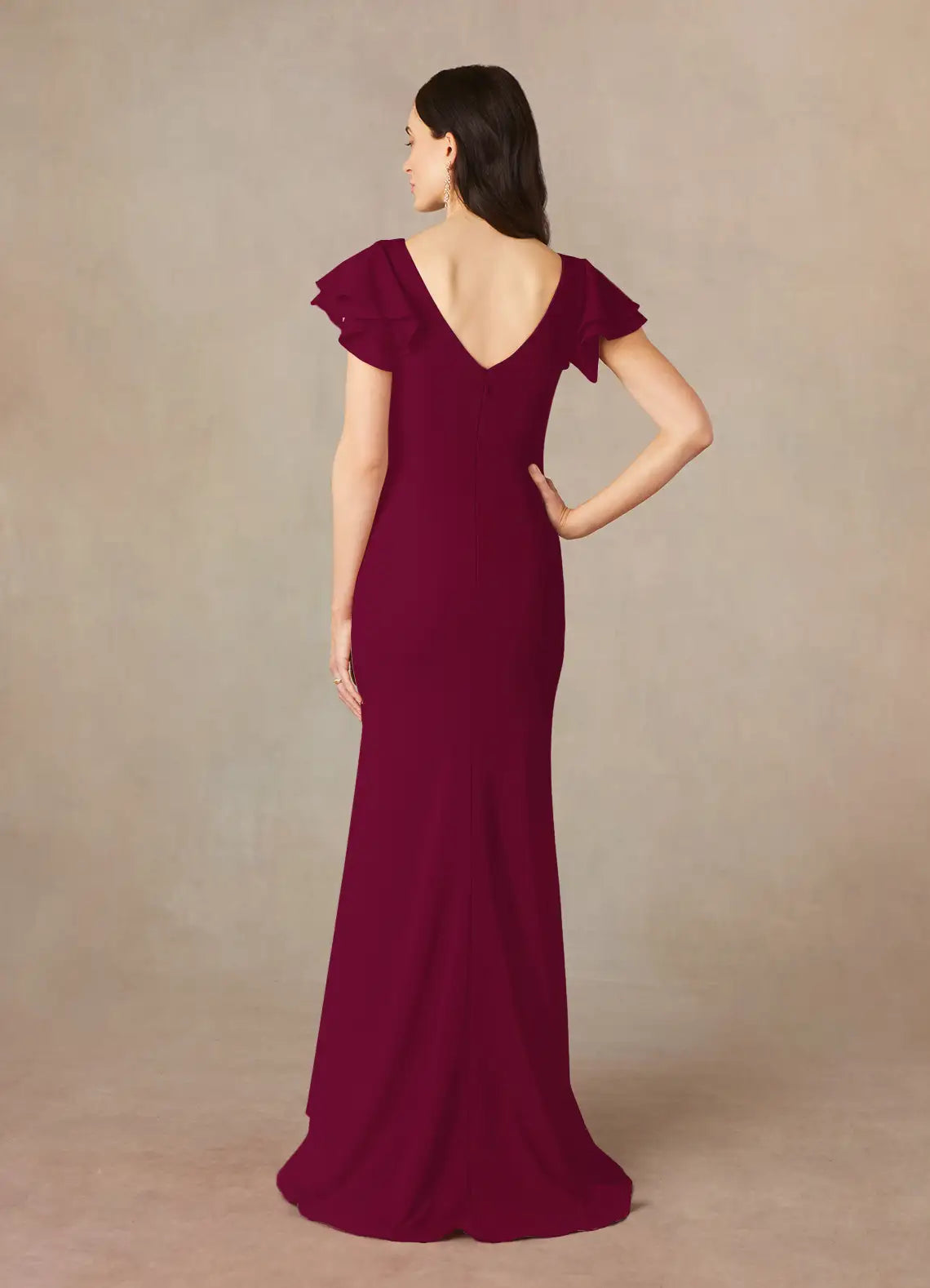 Burgundy Crepe Boat Neck Flutter Sleeve Floor-Length Bridesmaid Dress