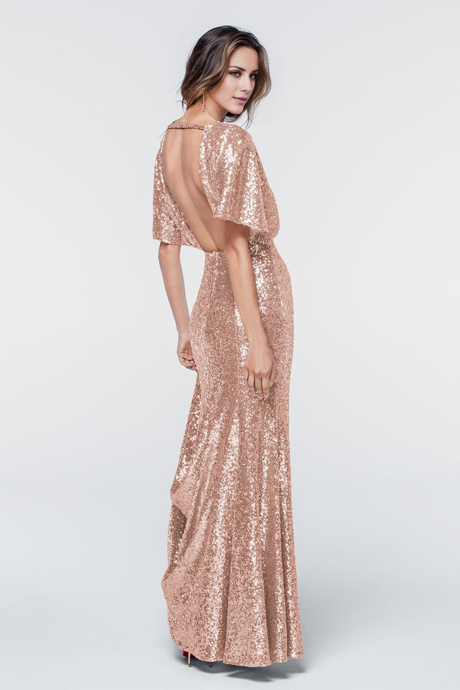 Vestido de noche Jimiss con escote en V, manga corta, lentejuelas, espalda descubierta y largo hasta el suelo